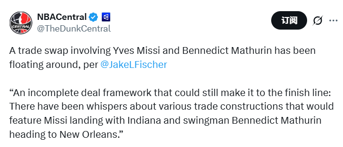 开云体育官网-步行者鹈鹕谈判交易!核心框架马瑟林换米西 另有两队也想抢中锋